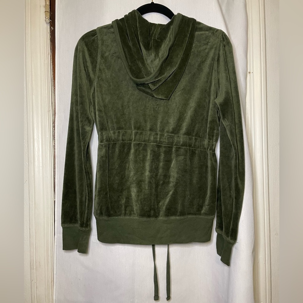 blu chic Preloved Olive Green Velour Women's Hoodie w/ Drawstring Middle Size M - Picture 5 of 10